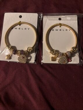 2 Gold-Tone Heart Charm Bracelet with Purple Accent Beads - Women's Jewelry
